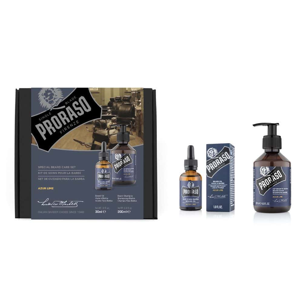 18090 PRORASO DUO PACK BEARD GIFT SET AZUR LIME (BEARD OIL & BEARD SHAMPOO) - Image 1