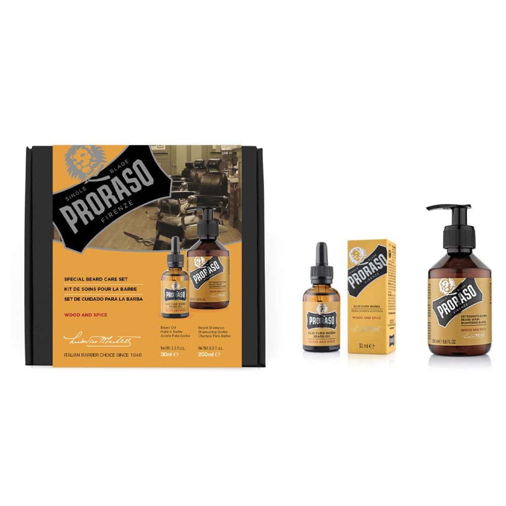 18091 PRORASO DUO PACK BEARD GIFT SET WOOD AND SPICE (BEARD OIL & BEARD SHAMPOO) - Image 1